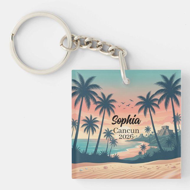 Vintage Cancun 2026 Tropical Beach Sunset Key Ring (Front)