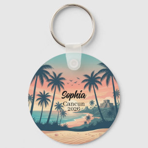 Vintage Cancun 2026 Tropical Beach Sunset Key Ring