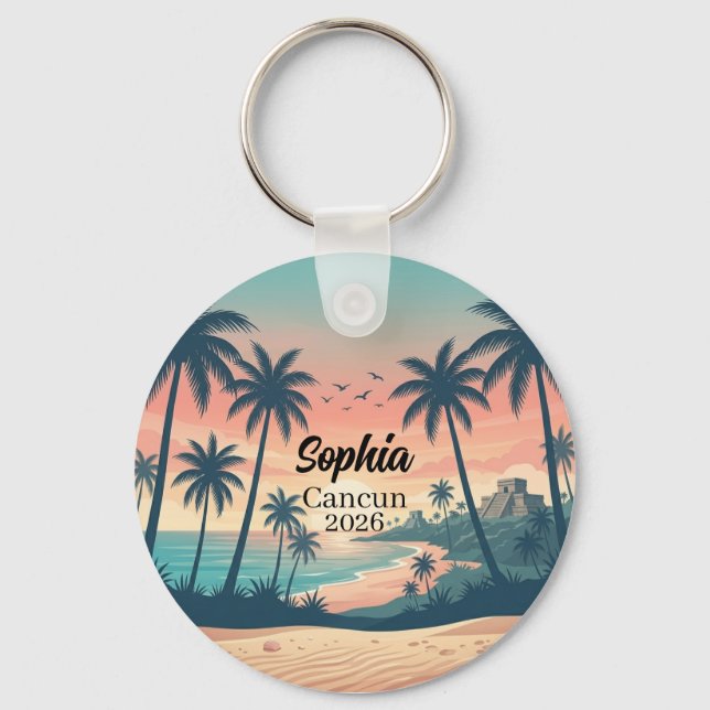 Vintage Cancun 2026 Tropical Beach Sunset Key Ring (Front)