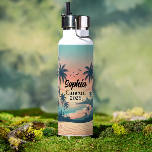 Vintage Cancun 2026 Tropical Beach Sunset Water Bottle