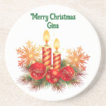 Vintage Candles Merry Christmas Coaster<br><div class="desc">Pretty,  vintage picture of two candles,  gold snowflakes and red ball ornaments,  is featured on this coaster for the Holidays. Coaster can be personalised and it is made of sandstone with a cork pad backing. Made to keep tables scratch-and-moisture-free,  use yourself or give as a gift!</div>