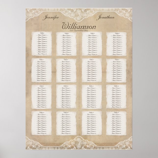 Vintage Canvas & Lace Look Seating Chart 16 Tables (Front)