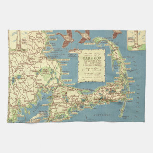 Vintage Cape Cod Map (1940) Tea Towel