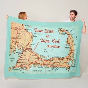 Vintage Cape Cod Map Postcard Large Throw Fleece Blanket