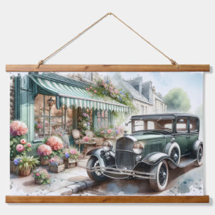 Vintage Car and Charming Flower Shop Watercolor Hanging Tapestry