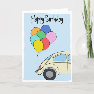 Vintage Car and Colorful Balloons Drawing Birthday Card