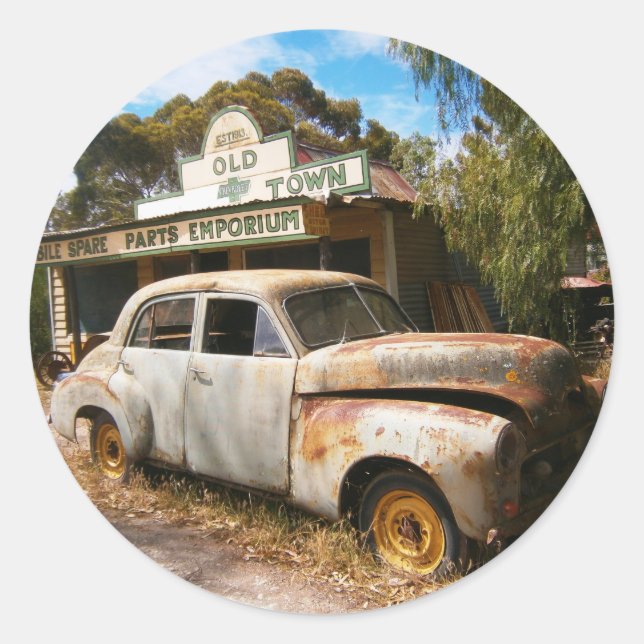 Vintage Car And Garage, Round Stickers (Front)