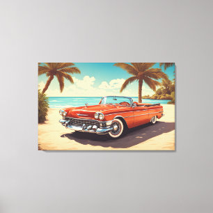Vintage car at beach with surf board canvas print