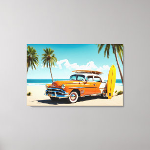 Vintage car at beach with surf board canvas print