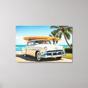 Vintage car at beach with surf board canvas print