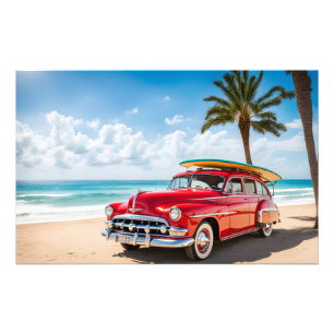 Vintage car at beach with surf board photo print