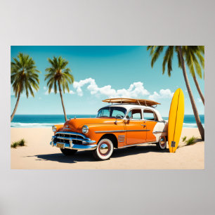 Vintage car at beach with surf board poster