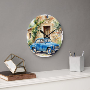 Vintage Car by a Stone Cottage Large Clock