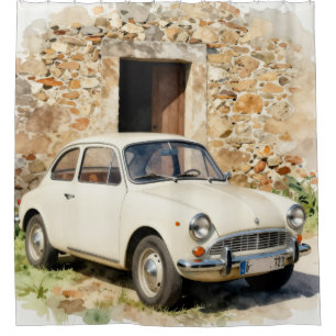 Vintage Car by Stone Building Shower Curtain