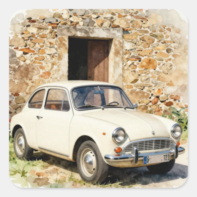 Vintage Car by Stone Building Square Sticker (Front)