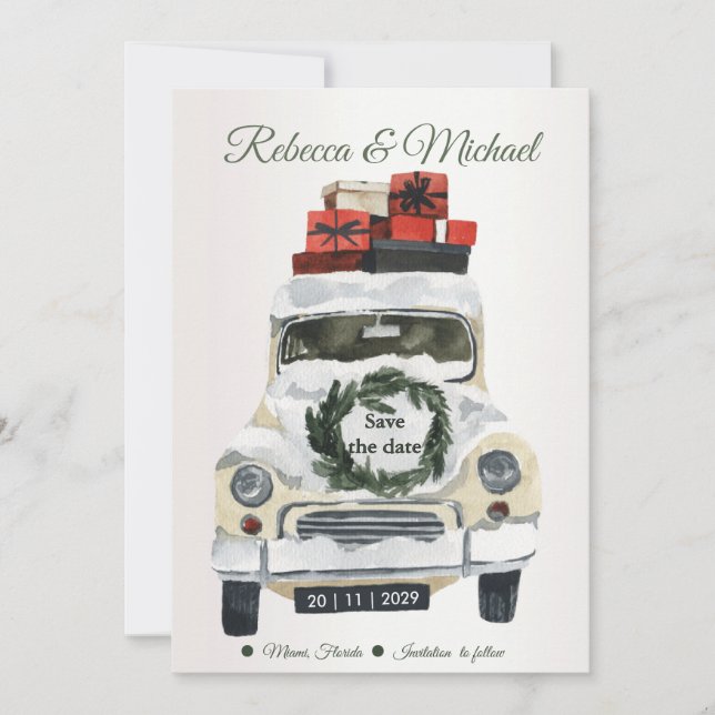 Vintage car  Christmas save the date Invitation (Front)
