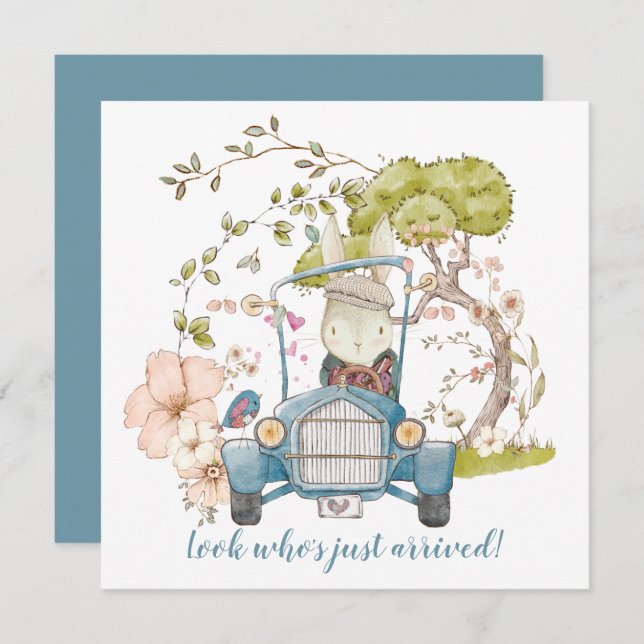 Vintage Car Cute Bunny Boy Birth Announcement (Front/Back)