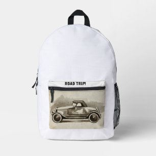 Vintage car drawing on pocket.  Road Trip! Printed Backpack
