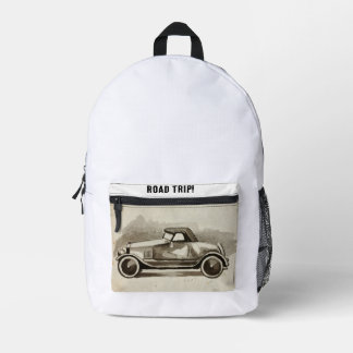 Vintage car drawing on pocket. Road Trip! Printed Backpack