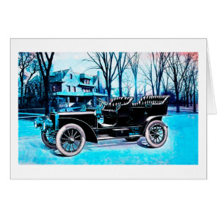 Vintage car in winter art card