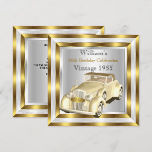 Vintage Car Men's 60th Birthday Party Gold White Invitation
