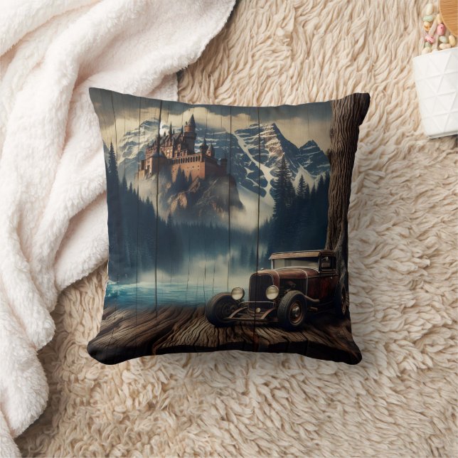 Vintage Car Near Castle and Snowy Mountains Cushion (Blanket)
