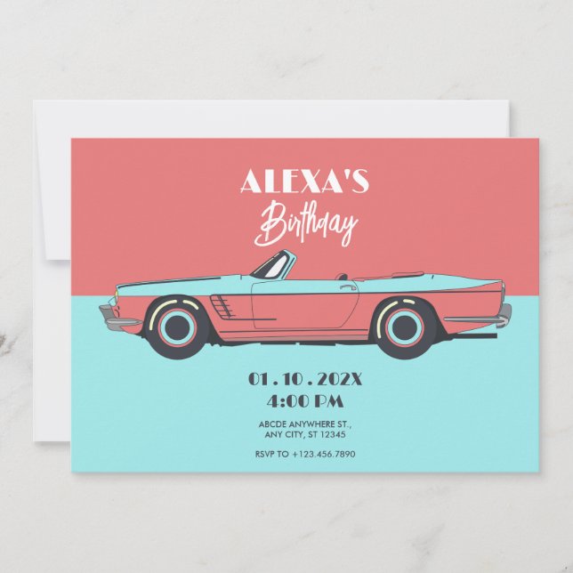 Vintage car pastel colour birthday invitation (Front)