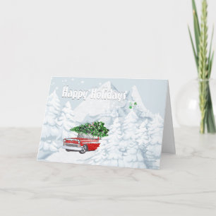 Vintage car snow Chevrolet holiday Christmas tree Card