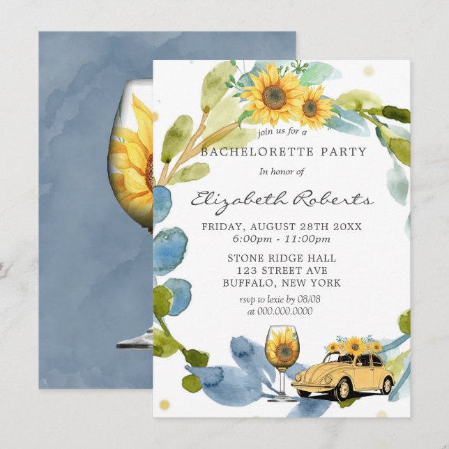 Vintage Car Sunflowers Bachelorette Party  Invitation (Front/Back)
