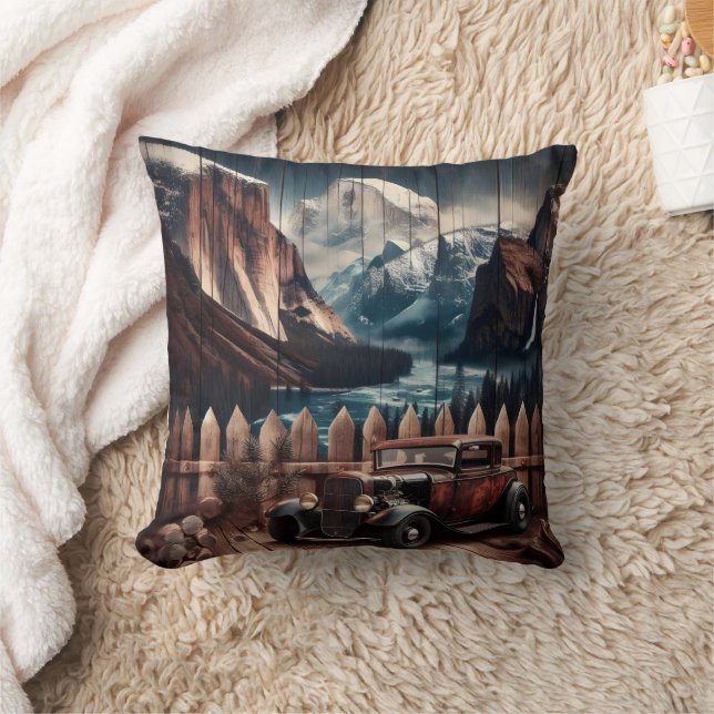 Vintage Car Surrounded by Mountain Landscape Cushion (Blanket)