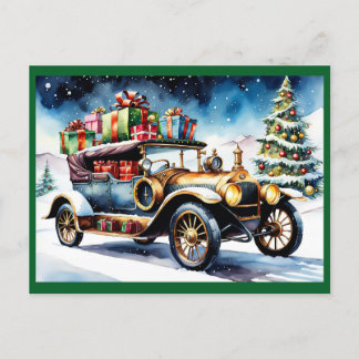 Vintage car with Christmas Gifts Holiday Postcard