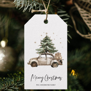Vintage Car with Christmas Tree Gift Tags
