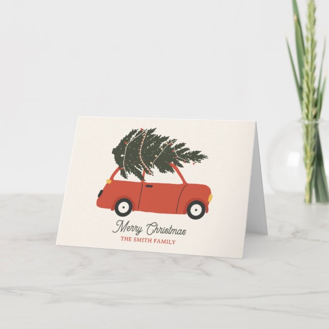 Vintage car with christmas tree holiday card (Front)