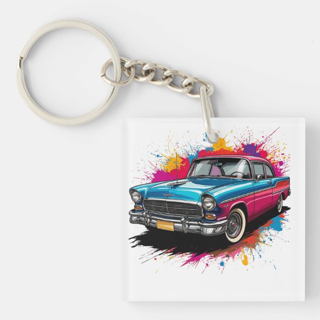 Vintage Car with Colourful Paint Splashes Key Ring (Front)