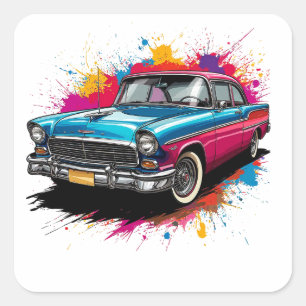 Vintage Car with Colourful Paint Splashes Square Sticker
