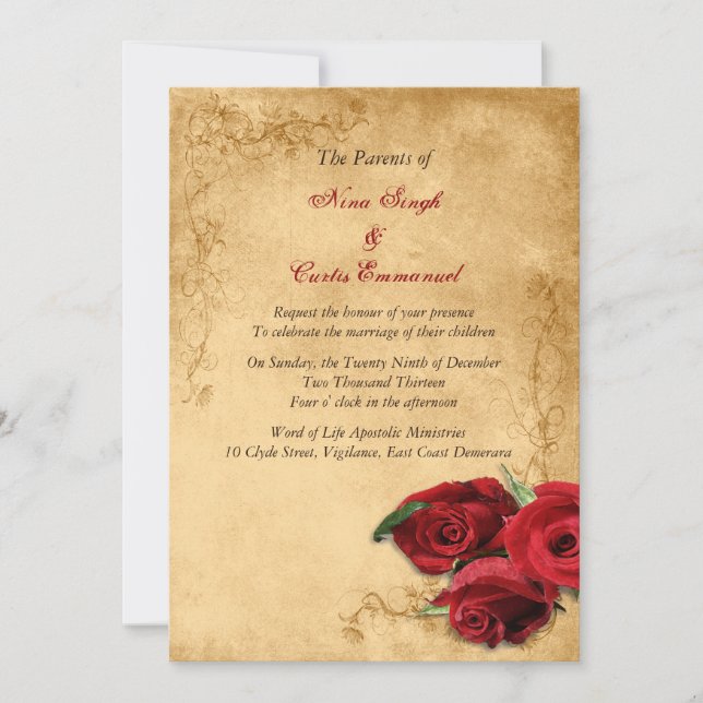 Vintage Caramel Brown & Rose Wedding Invitation (Front)