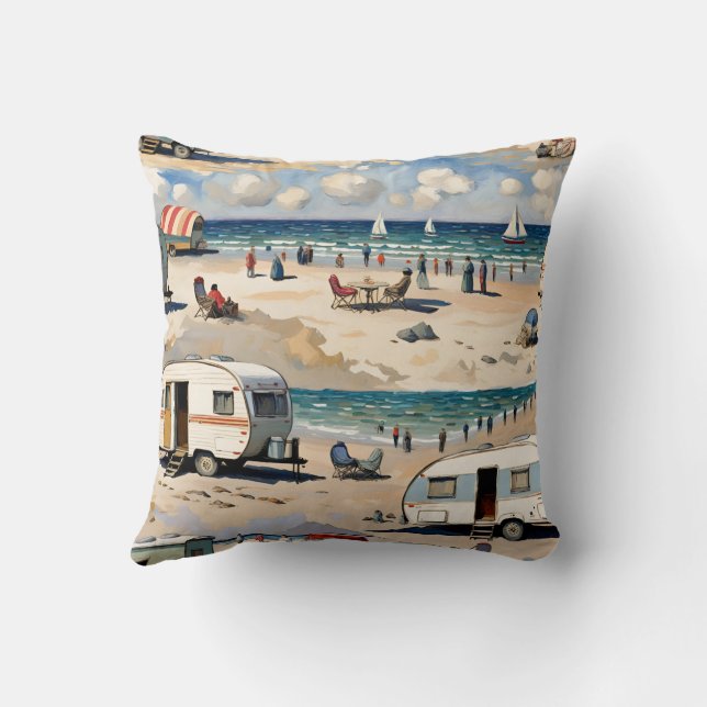 Vintage Caravan on the Beach  Cushion (Back)