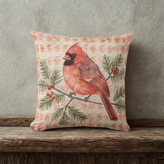 Vintage Cardinal Bird with Pine Branch Cushion