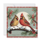 Vintage Cardinal Birds Family Holly Christmas Card