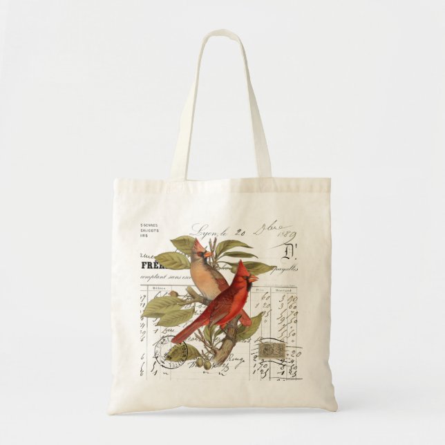 Vintage Cardinal Birds French Script Everyday Bag (Front)