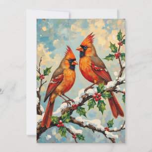 Vintage Cardinal Pair on Snowy Holly Branch Holiday Card