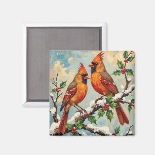 Vintage Cardinal Pair on Snowy Holly Branch Magnet