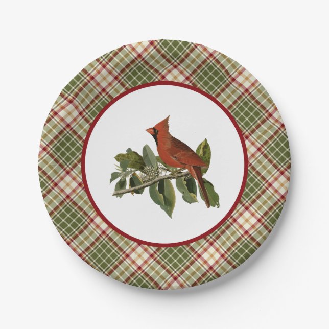 Vintage Cardinal with Woodland Christmas Plaid Paper Plate (Front)