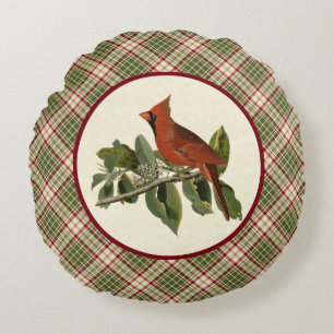 Vintage Cardinal with Woodland Christmas Plaid Round Cushion