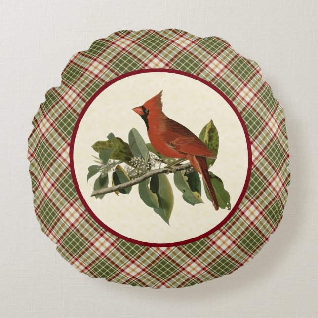 Vintage Cardinal with Woodland Christmas Plaid Round Cushion (Front)