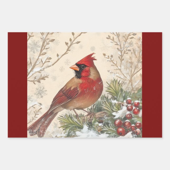 Vintage Cardinal Wrapping Paper Set of 3 Designs (Front 3)