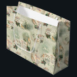 Vintage Cardinals and Christmas Greetings Large Gift Bag<br><div class="desc">Nostalgic and elegant seamless design featuring red-breasted cardinals perched on holly branches with antique scrolls,  rustic winter scenes and Christmas greetings in Old English script on sage green background with subtle damask overlay pattern.</div>