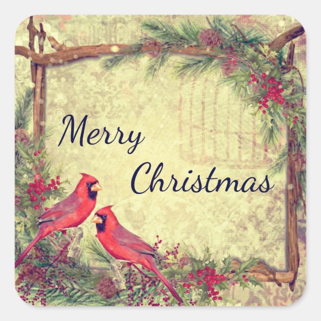 Vintage Cardinals Christmas Square Sticker (Front)