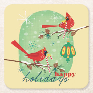 Vintage Cardinals on Snowy Pine Tree Branches Square Paper Coaster