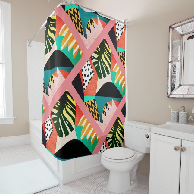 Vintage Caribbean Geometric Leaf Shower Curtain (In Situ)